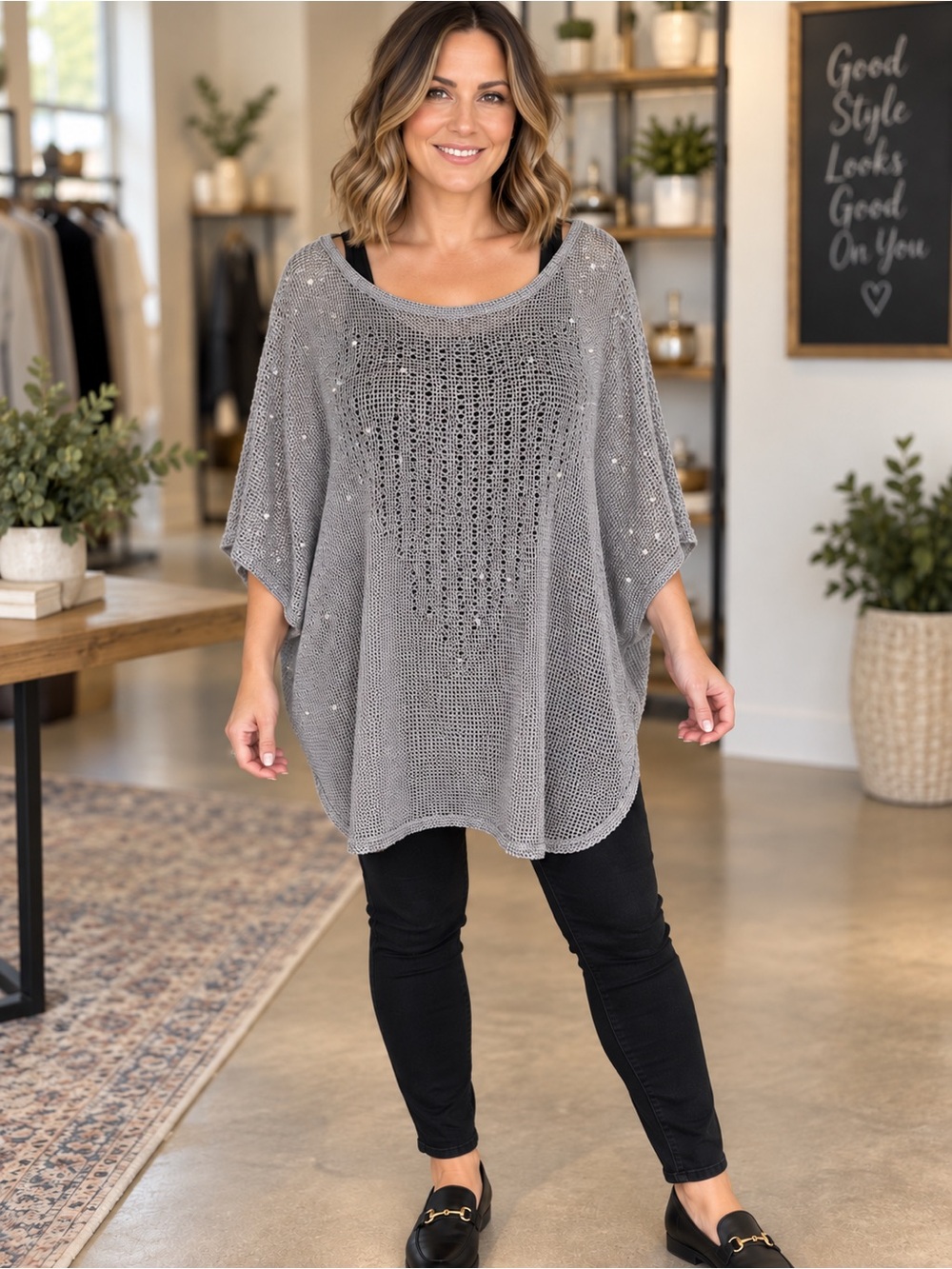 Women’s Gray Open-Weave Sequin Poncho Sweater